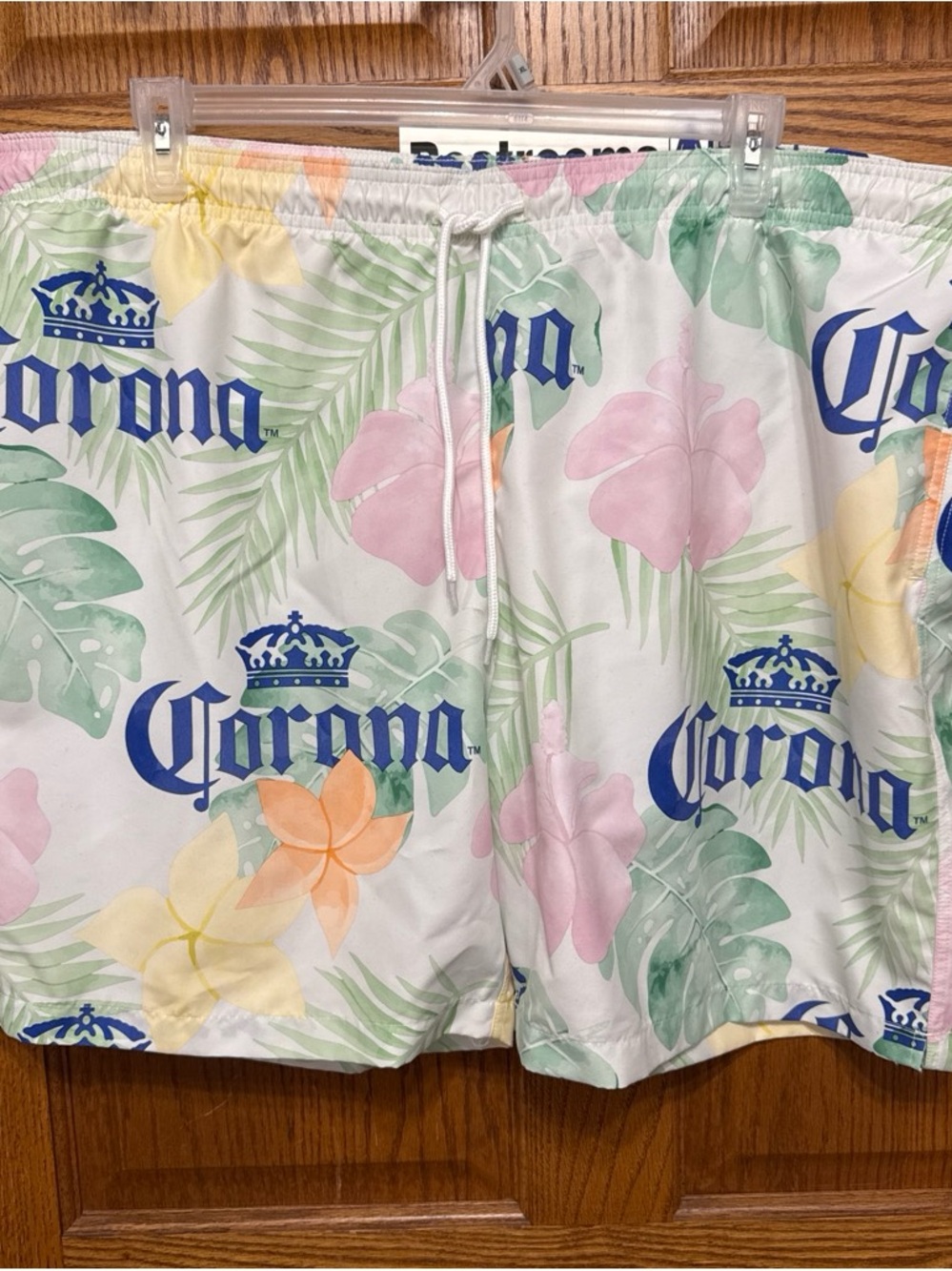 Mens XXL Corona Tropical Floral Swim Shorts in White with Blue Logo